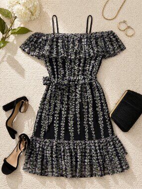 Kensie Embroidered Off the Shoulder Black Multi Mini Dress NWT Summer Date